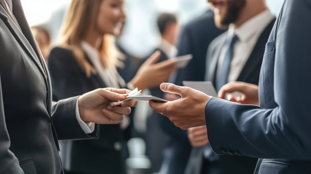 Professionals exchanging business cards, representing derivative claims and the complex commercial litigation services provided by Milosevic & Associates in Toronto.