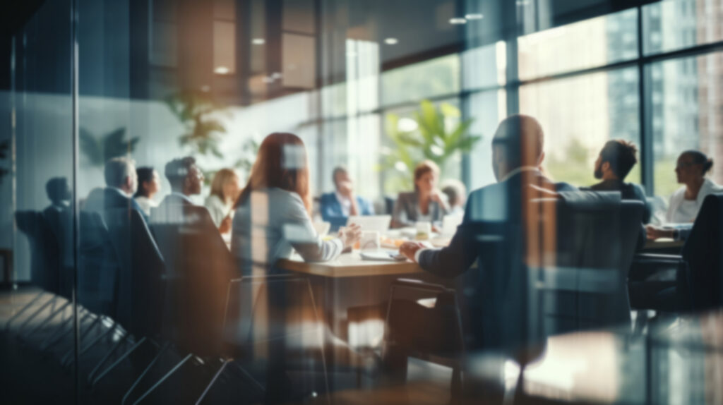 A blurred image of group of business people in a boardroom, viewed through glass, representing the complex commercial litigation lawyers at Milosevic & Associates in Toronto, representing clients in contract disputes, debt collection, shareholder and partnership issues, oppression and derivative claims, and enforcement of foreign judgments.