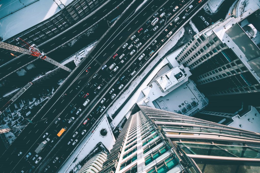 Specific performance- highway traffic seen from above.