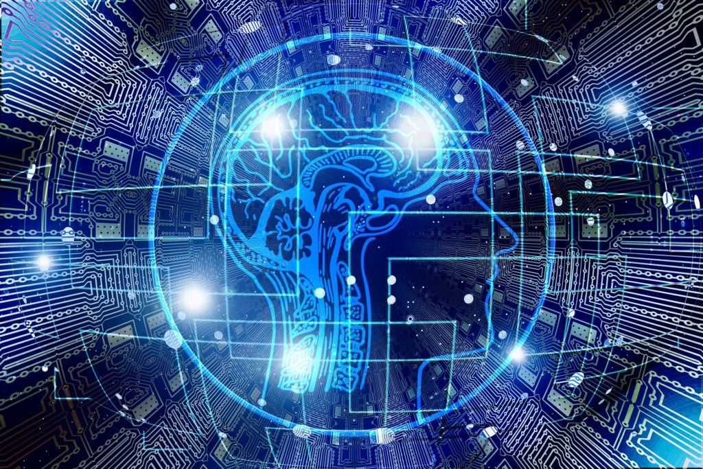a neon blue computer generated image of a brain inside a person's head