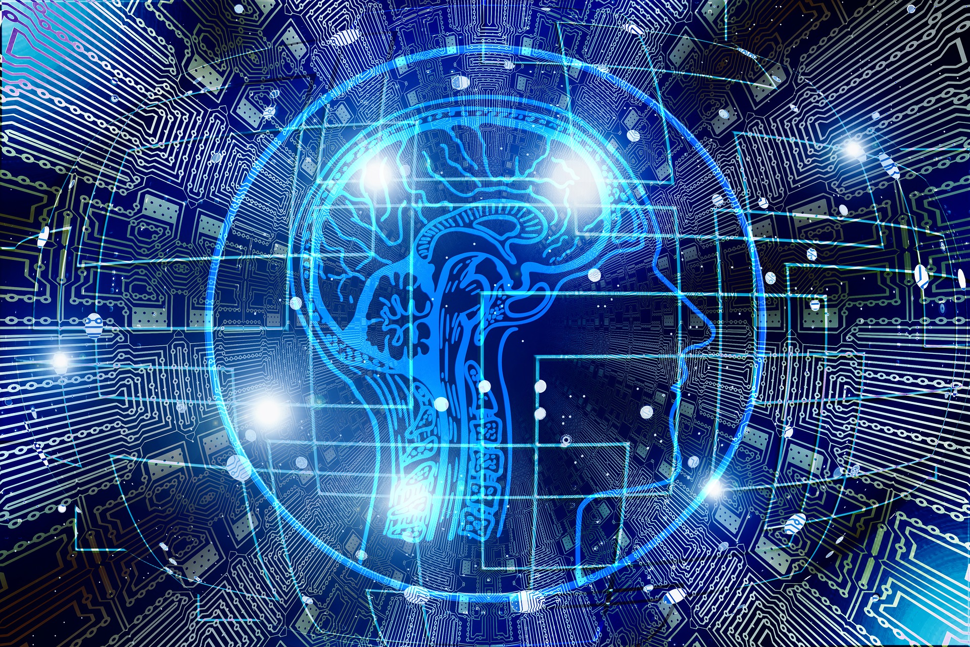 a neon blue computer generated image of a brain inside a person's head