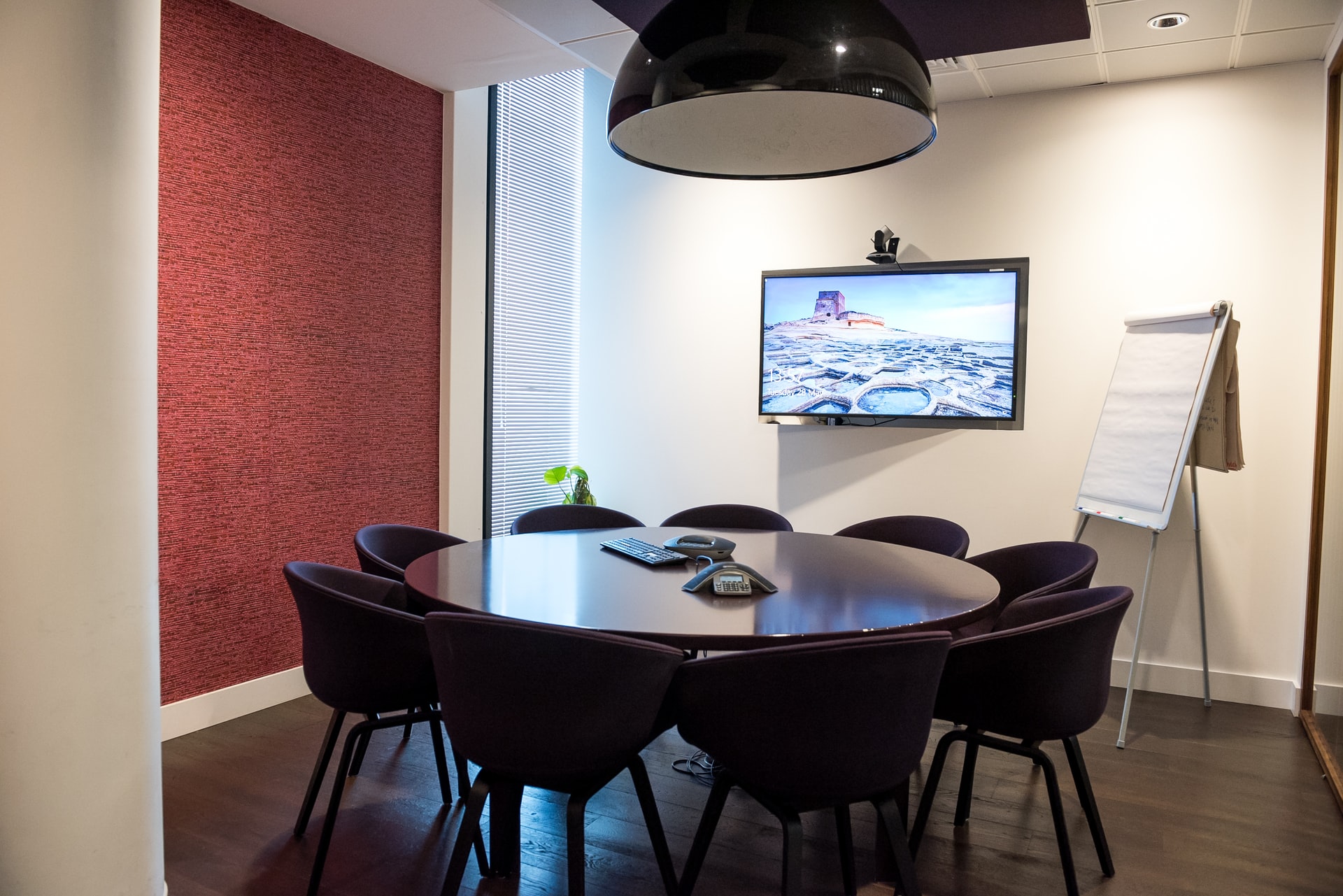A meeting room with video conference technology