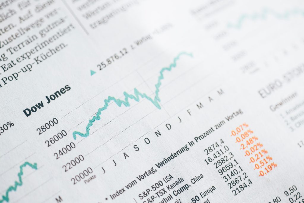 A dow jones chart representing the rise and fall of share prices