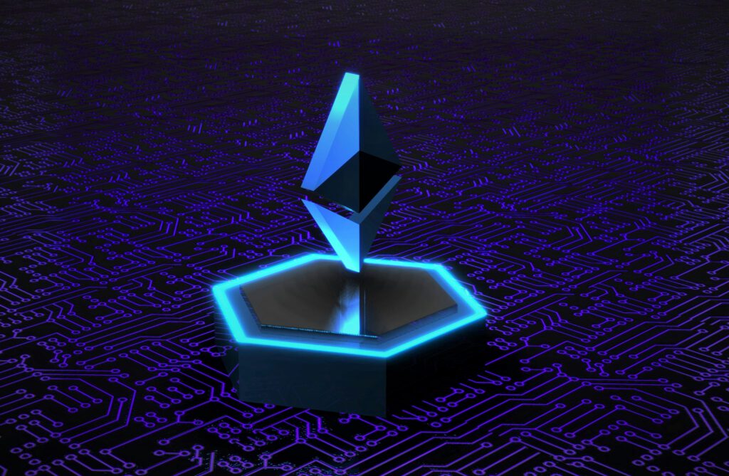 A blue glowing 3D-rendering of the Ethereum logo against a black background covered in blue circuit-breaker pattern, representing fintech and cryptocurrency fraud and scams and the Toronto crypto fraud lawyers at Milosevic & Associates.
