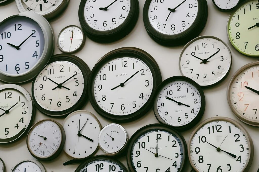 a wall of clocks