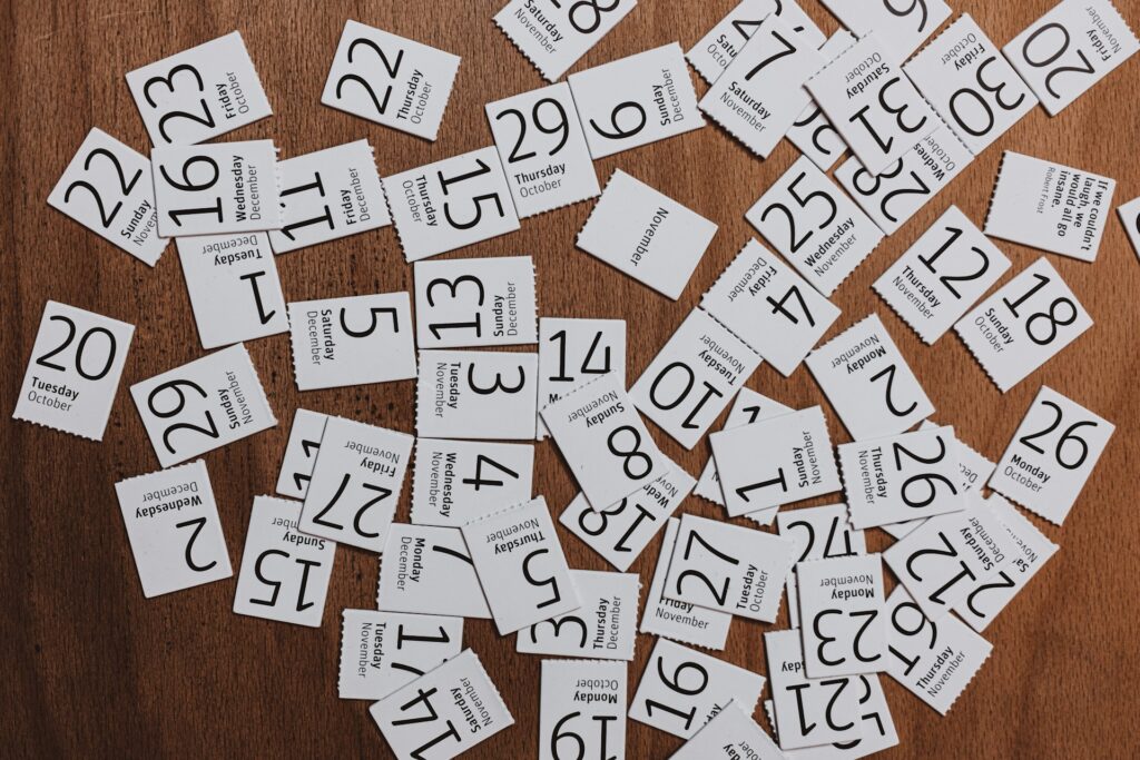 white and black calendar dates and months