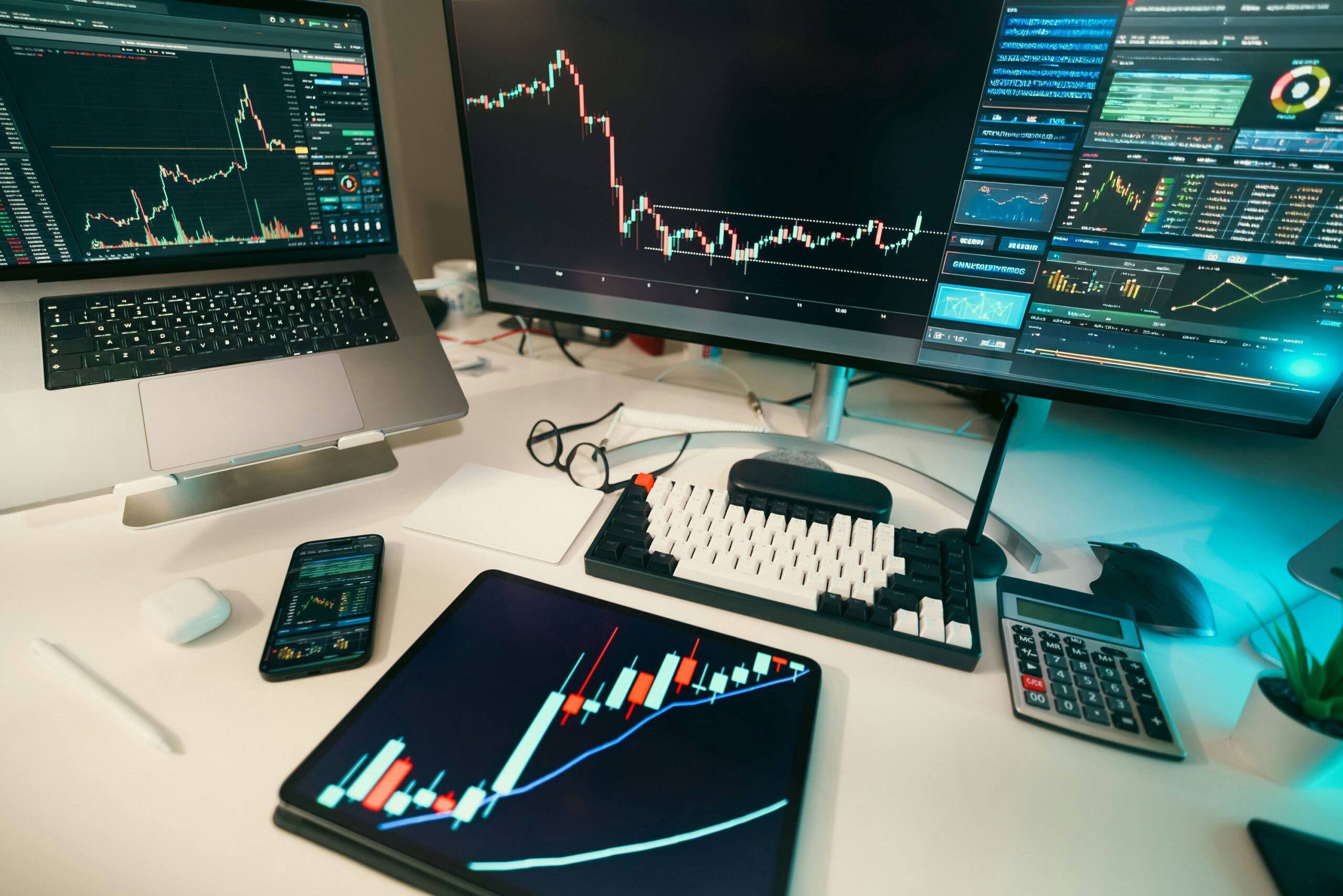 An investment advisor’s desk with multiple screens showing trading trends, stock charts, and portfolio statistics, representing investment advisor negligence and investment loss.