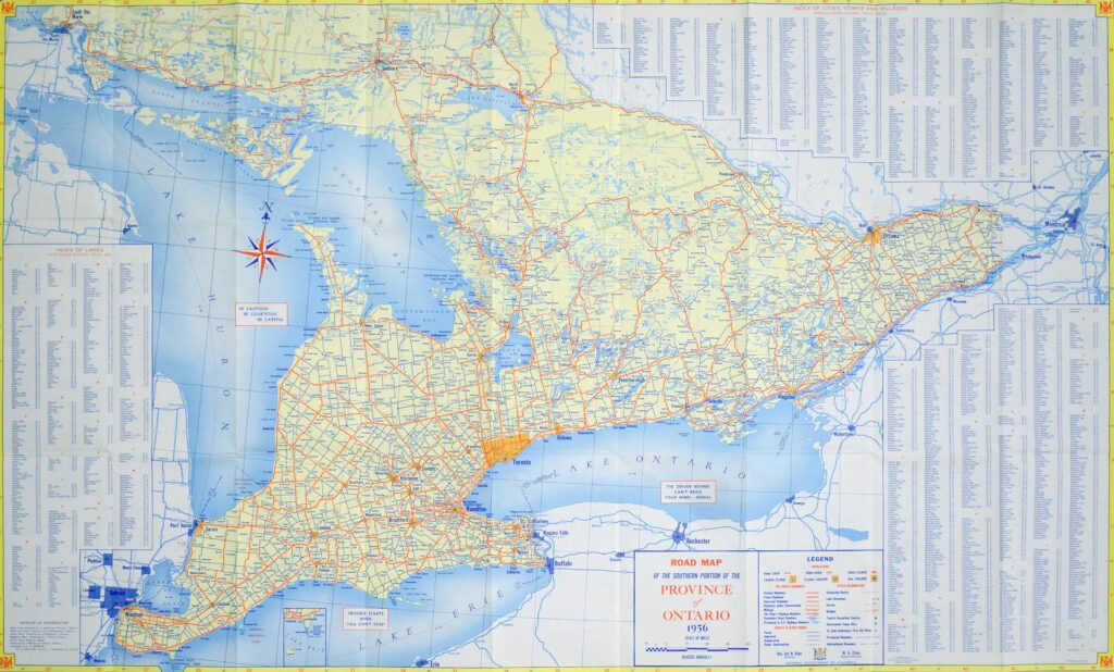 An old road map of the province of Ontario from 1956, showing major highways, towns, and cities. The map includes an index of locations and a legend. It visually represents the distance between courthouses in different Ontario regions, such as Belleville and Halton, relevant to the topic of forum shopping and civil procedure.