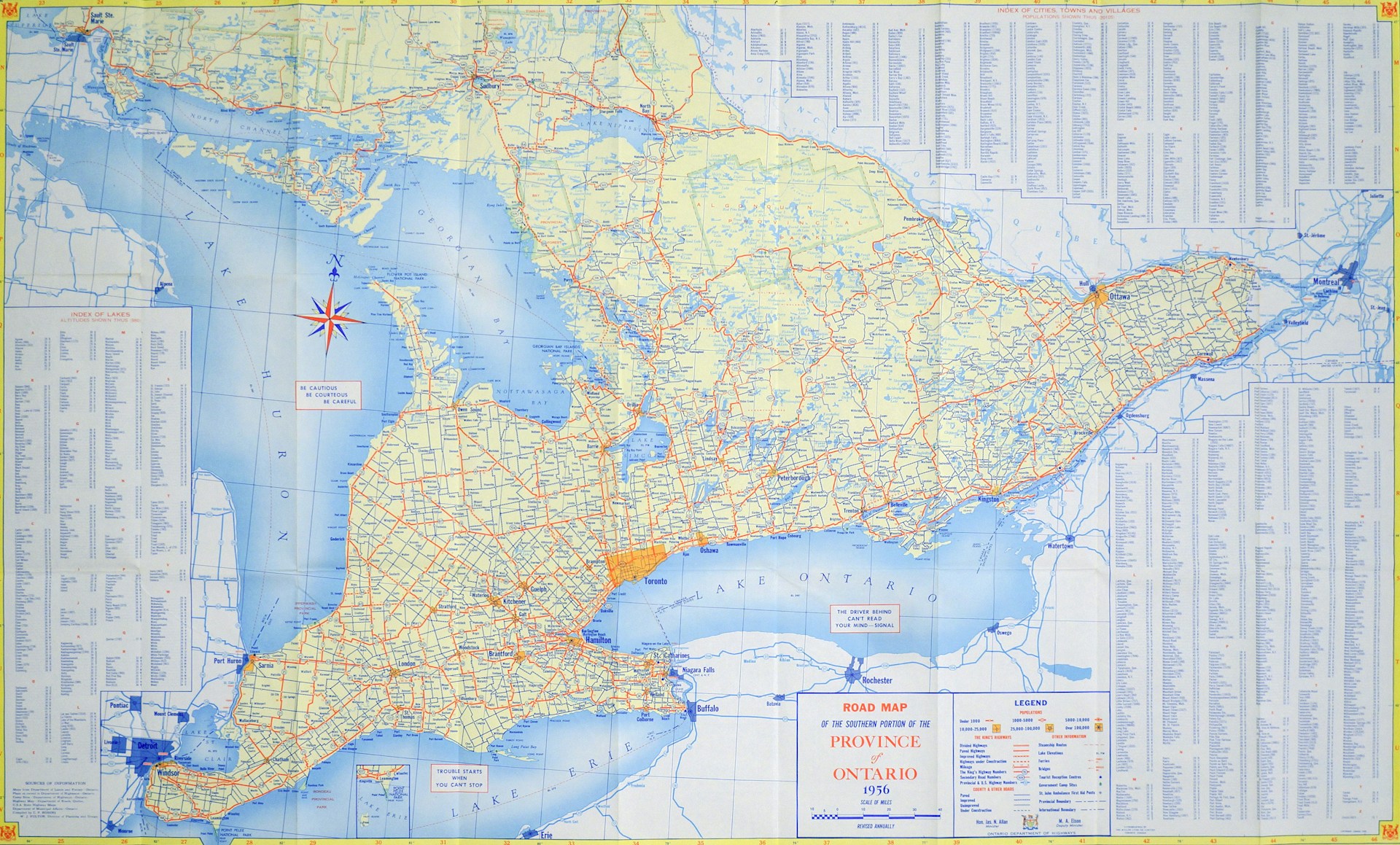 An old road map of the province of Ontario from 1956, showing major highways, towns, and cities. The map includes an index of locations and a legend. It visually represents the distance between courthouses in different Ontario regions, such as Belleville and Halton, relevant to the topic of forum shopping and civil procedure.