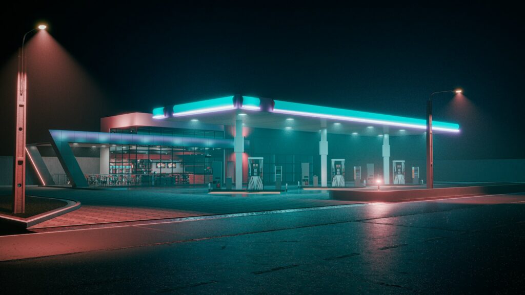 A gas station lit up at night, similar to the gas station in the case, and representing Improvident Sale and Receivership.