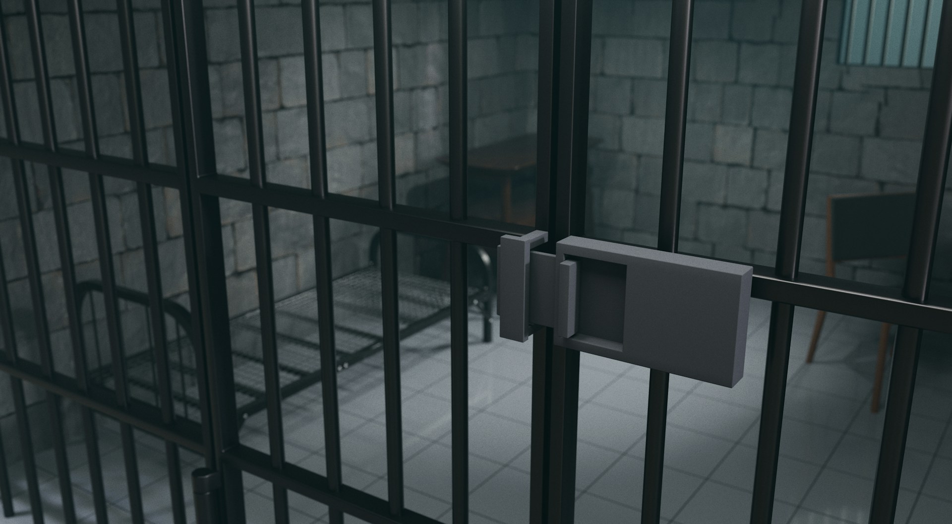 An empty jail cell with a chair, cot and not mattress, and gray brick walls through steel bars, representing Toronto investment fraud.