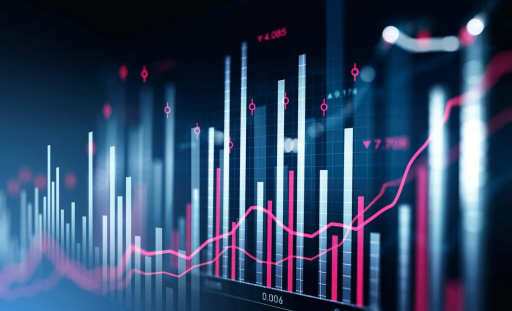 A financial chart with blue and red graphs on a black background, representing Golden Zone investment fraud.
