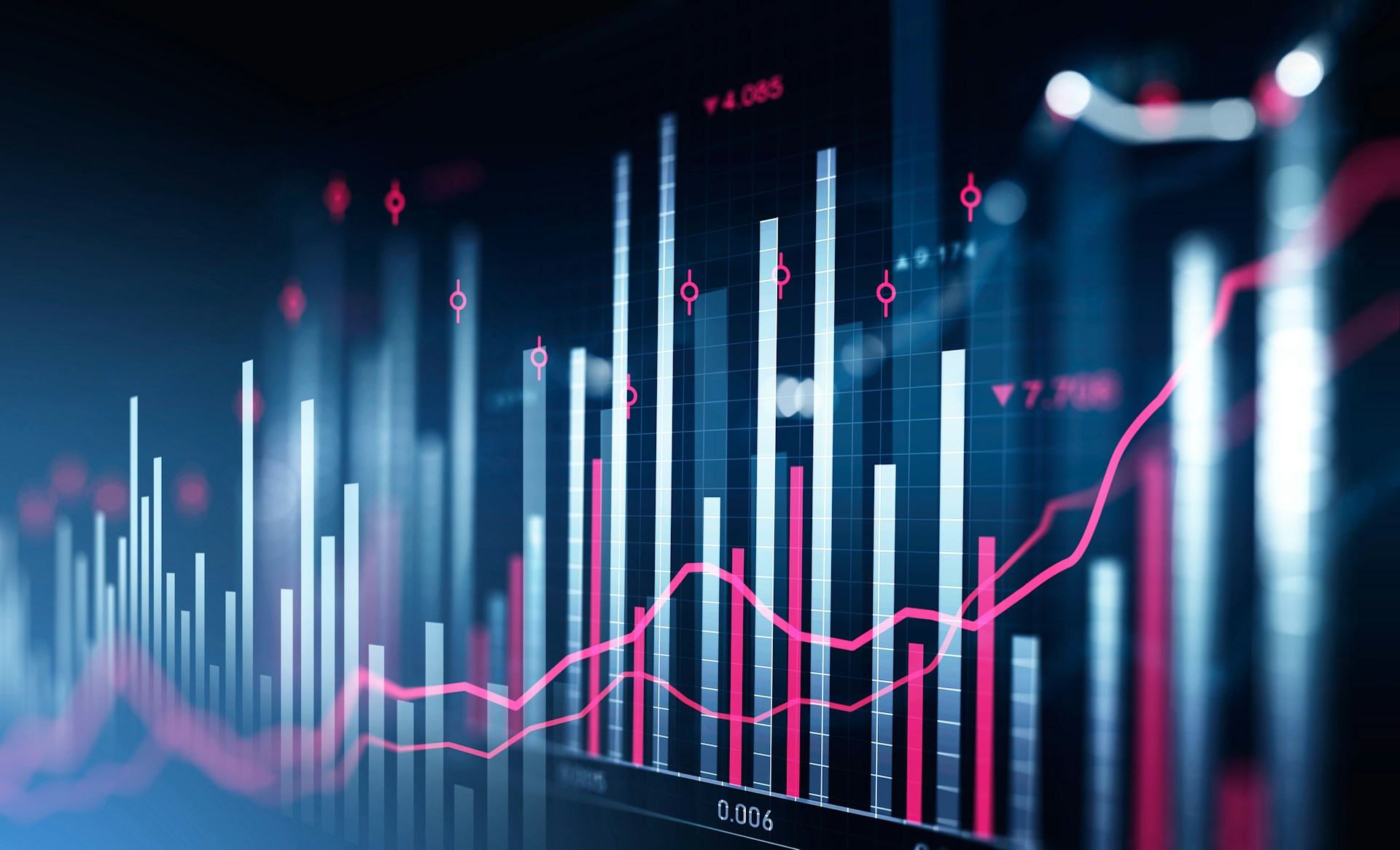 A financial chart with blue and red graphs on a black background, representing Golden Zone investment fraud.